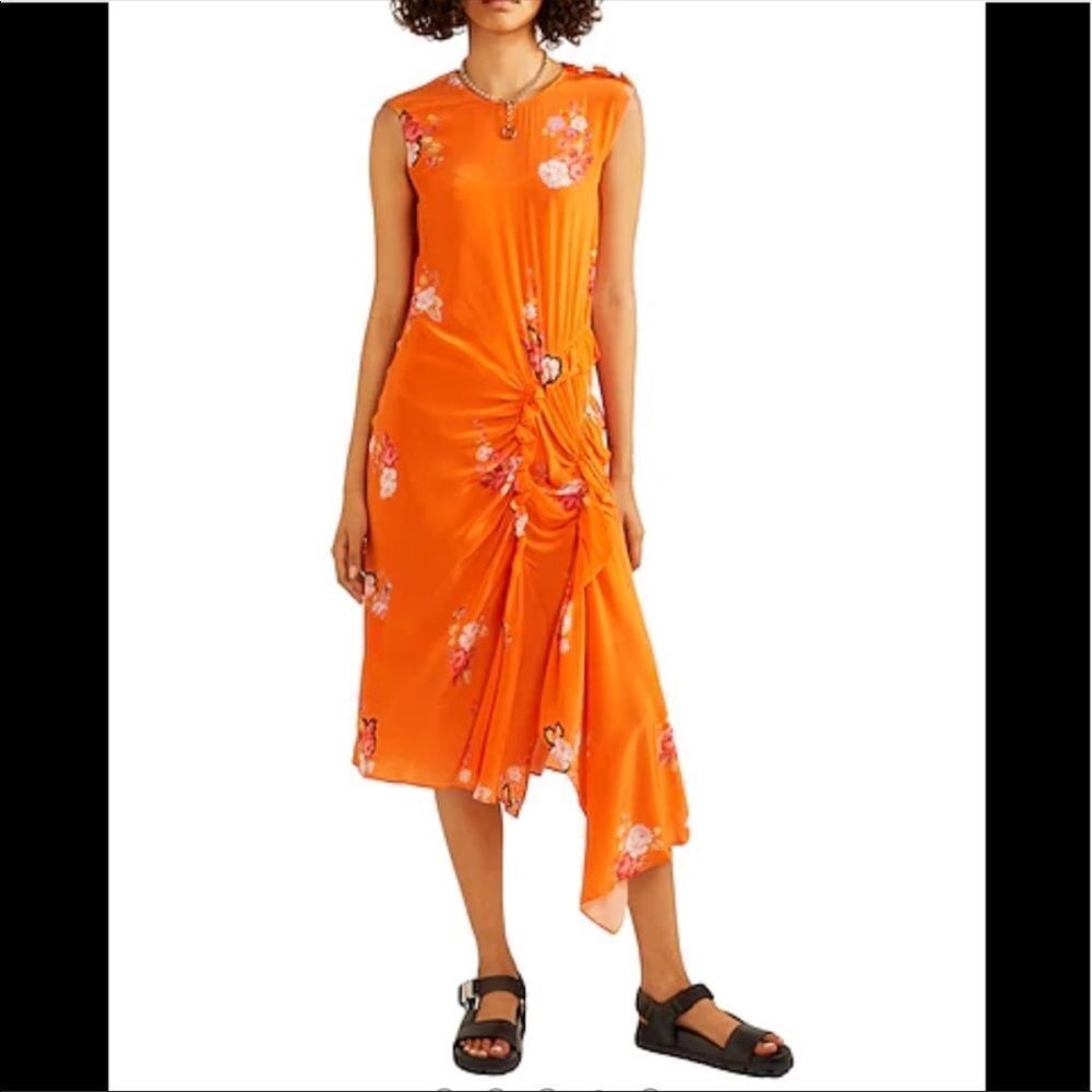 PREEN LINE | Antoinette Orange Floral Midi Dress Crepe De Chine Women’s Large